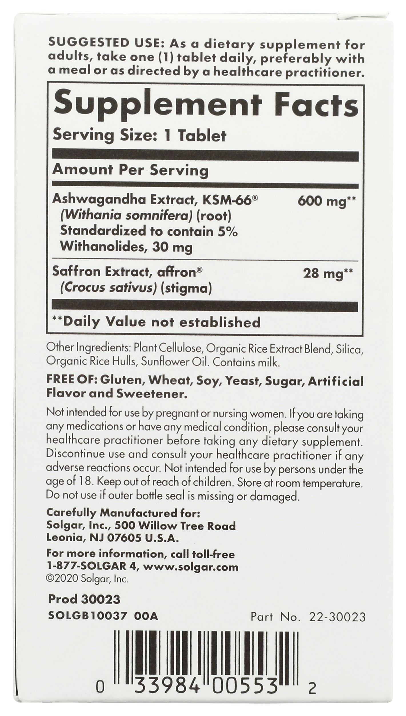 Solgar Stress & Anxiety Relief 30 Tablets Back of Box