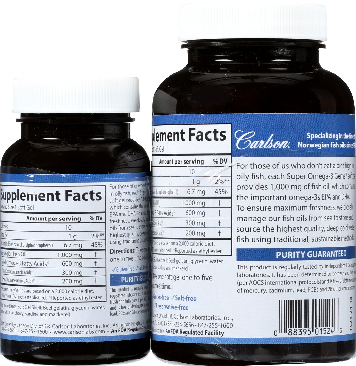 Carlson Super Omega 3 1200 mg 100 Soft Gels + 30 Soft Gels Back of Bottles