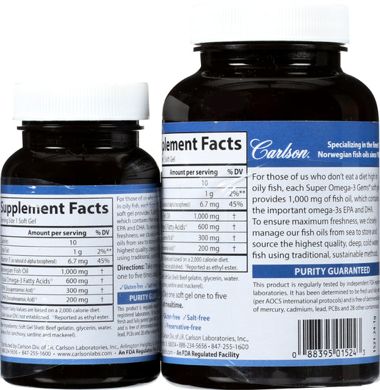 Carlson Super Omega 3 1200 mg 100 Soft Gels + 30 Soft Gels Back of Bottles