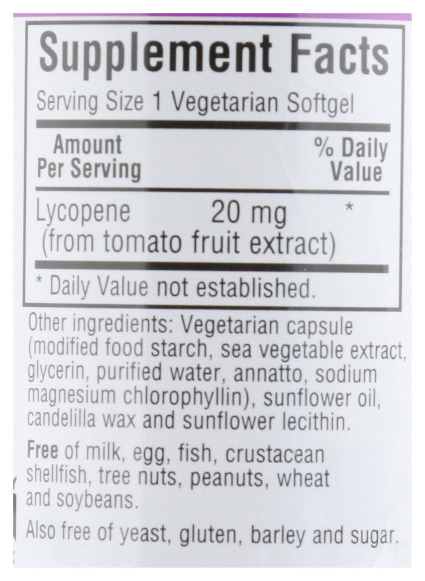 Bluebonnet Lycopene 20mg 30 Vegetarian Capsules Back