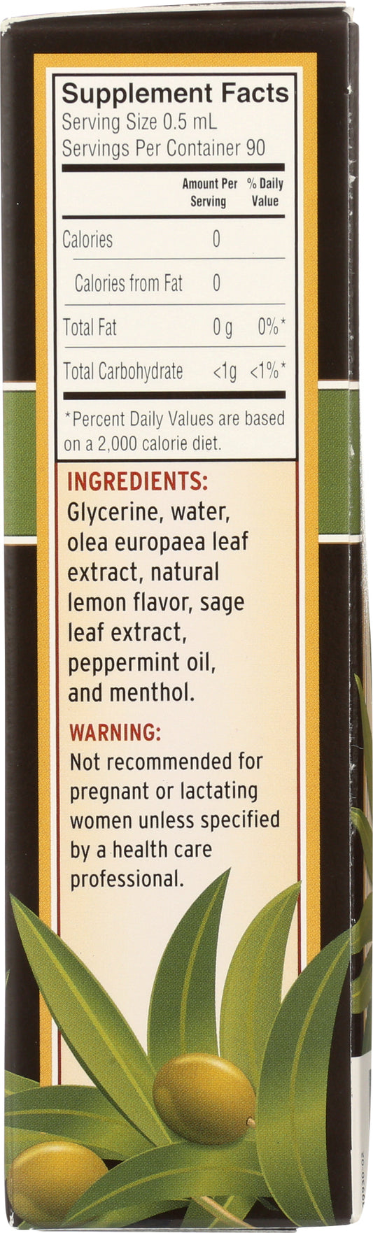 Barlean's Olive Leaf Complex Throat Spray 1.5 fl oz Back of Box