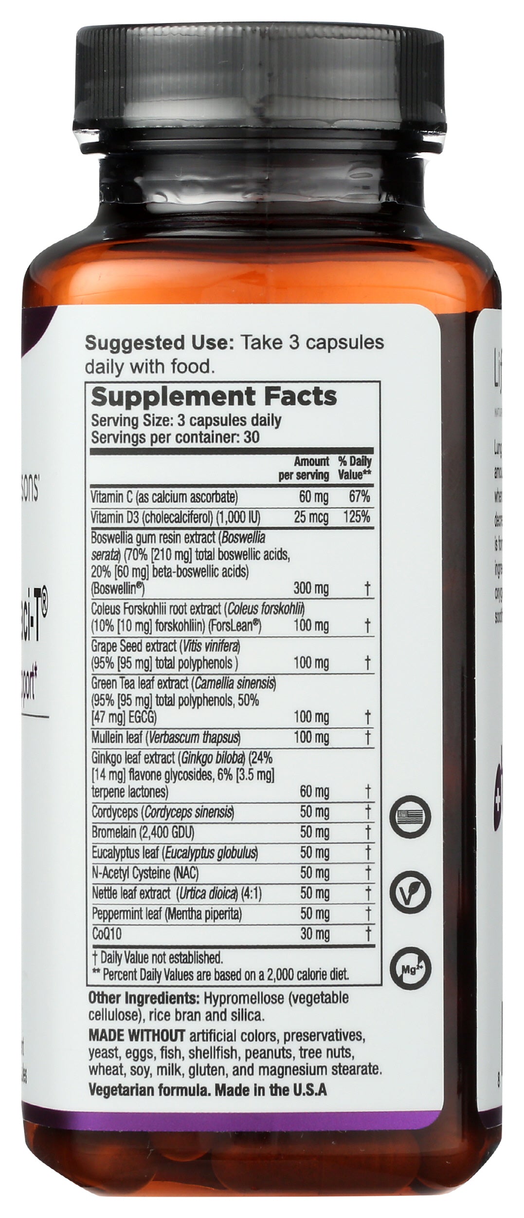LifeSeasons Lung Capaci-T 90 Veg Capsules Back of Bottle