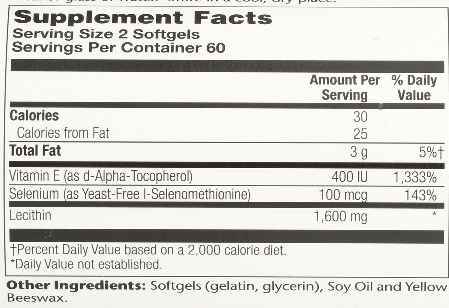 Solaray Bio E + Selenium 268mg 120 Softgels Back of Bottle