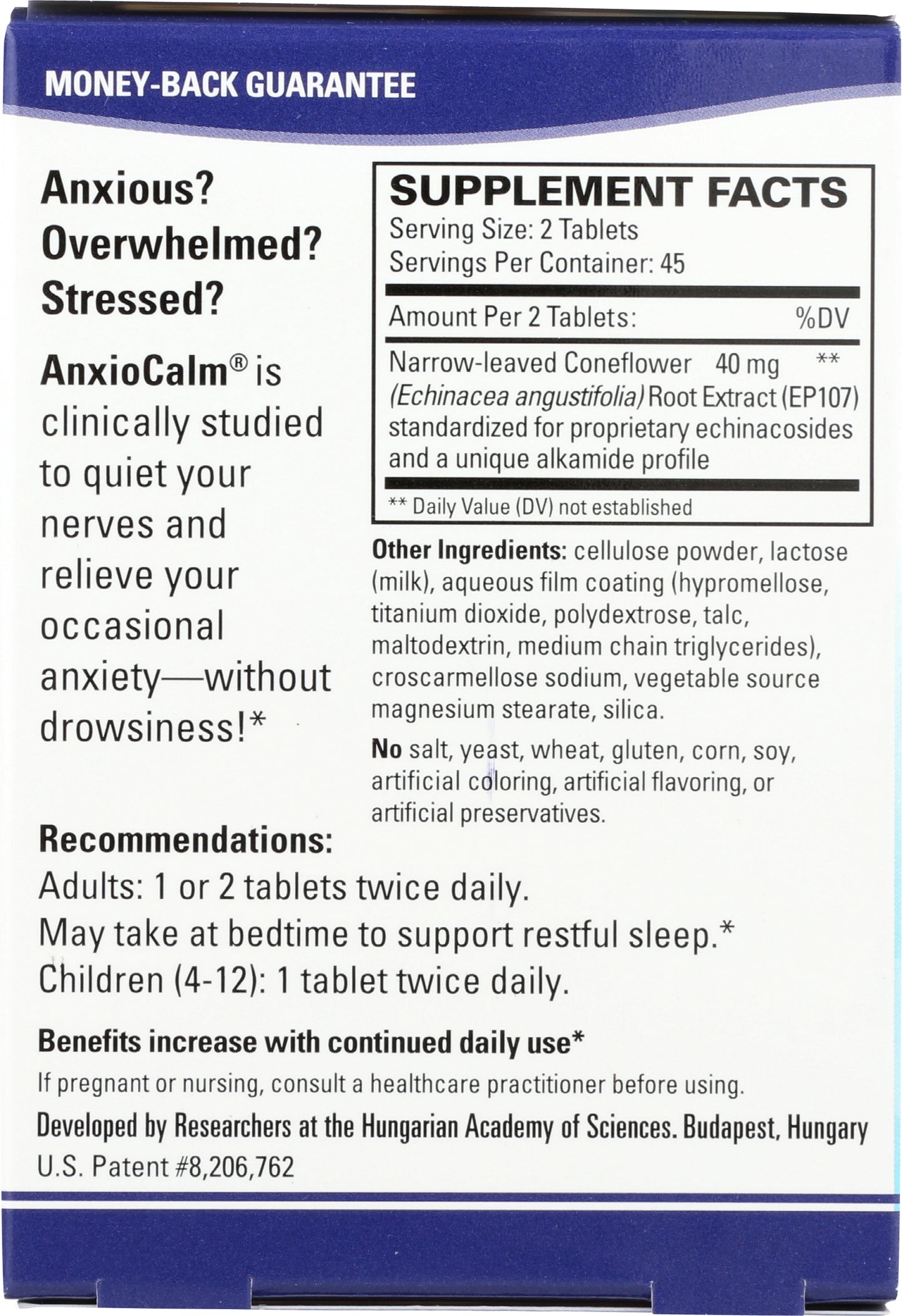 Terry Naturally AnxioCalm 90 Tablets Back of Box