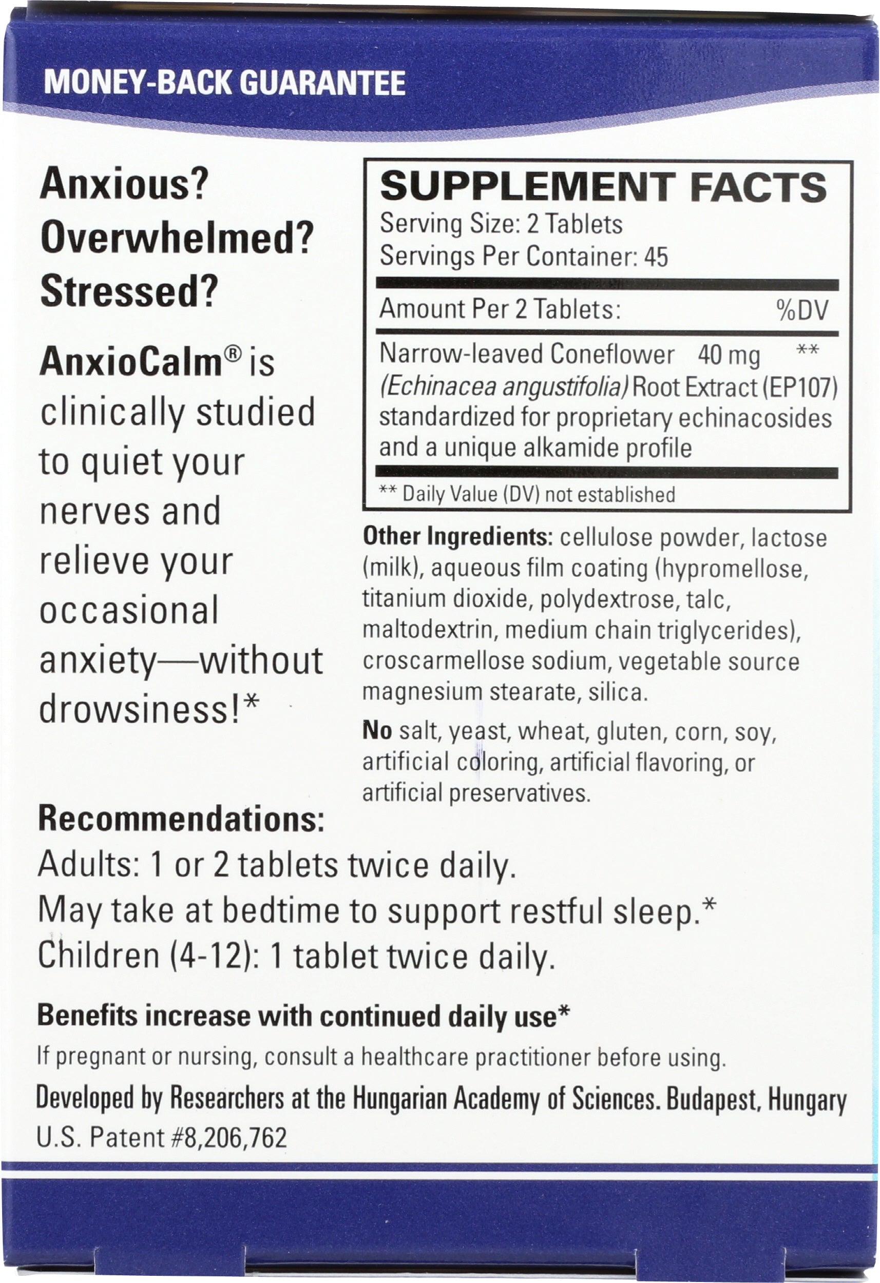 Terry Naturally AnxioCalm 90 Tablets Back of Box