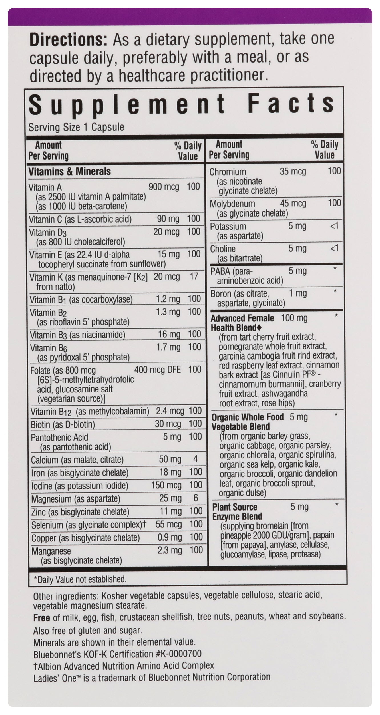 Bluebonnet Ladies' One Multivitamin 60 Vegetable Capsules Back of Box