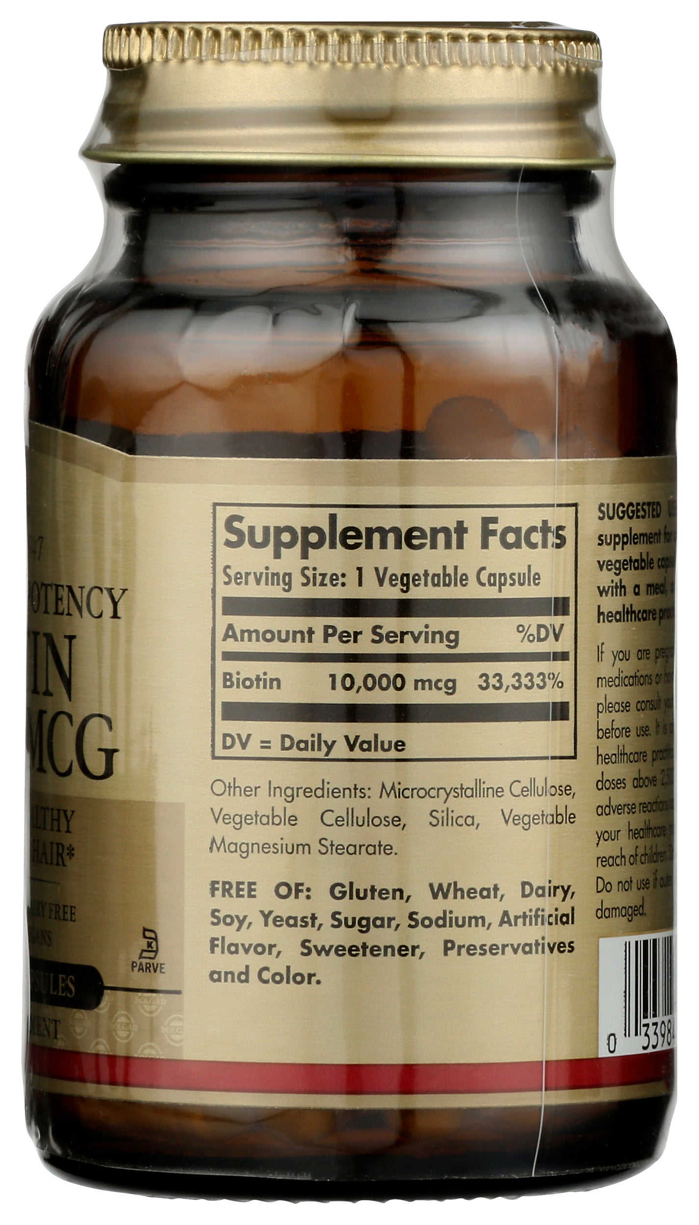 Solgar Biotin 10,000 mcg 60 Capsules Back of Bottle
