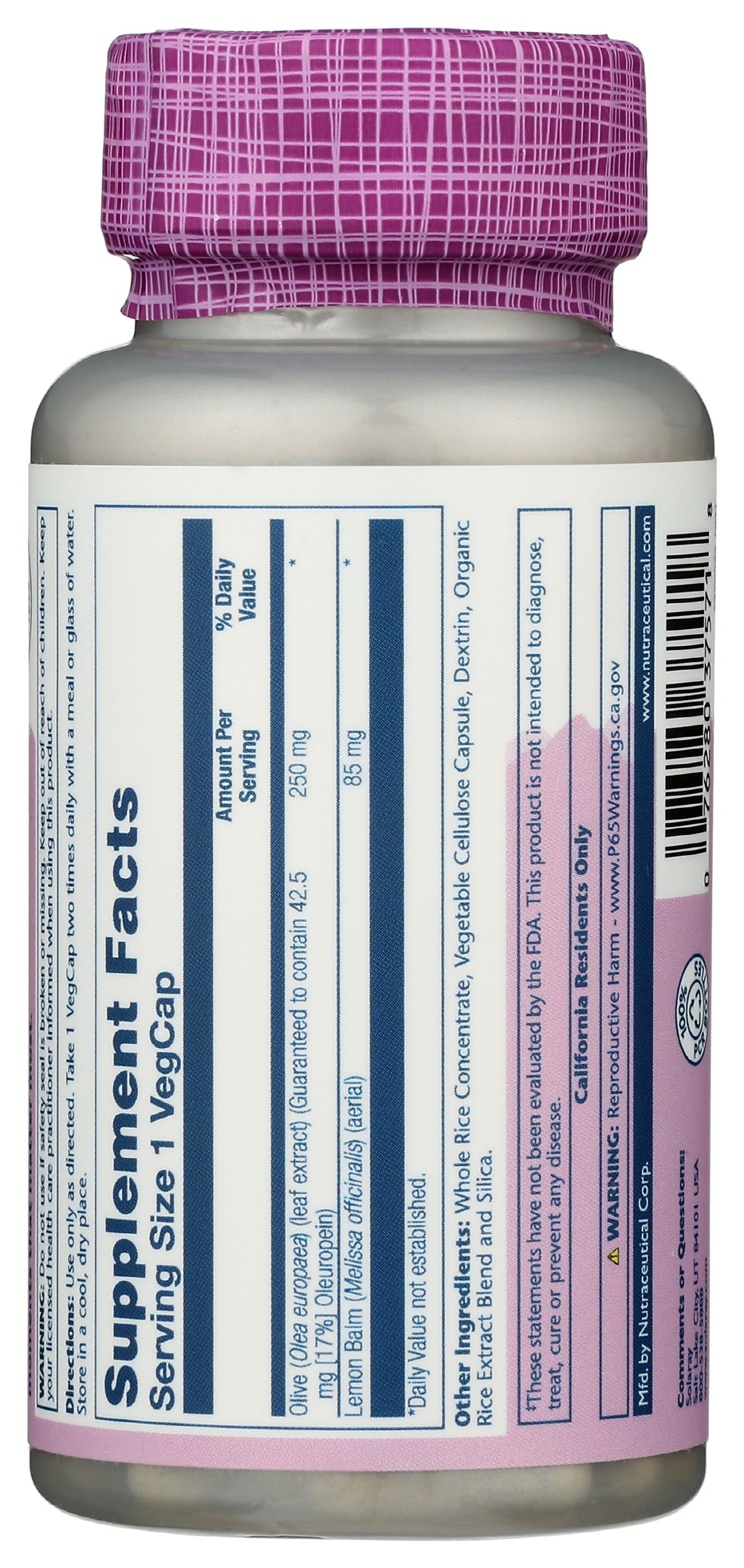 Solaray Olive Leaf Extract 60 VegCaps Back of Bottle