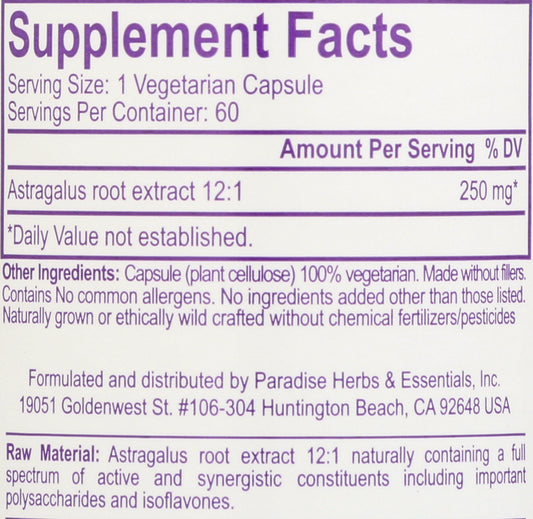 Paradise Astragalus 60 Vegetarian Capsules Back of Bottle