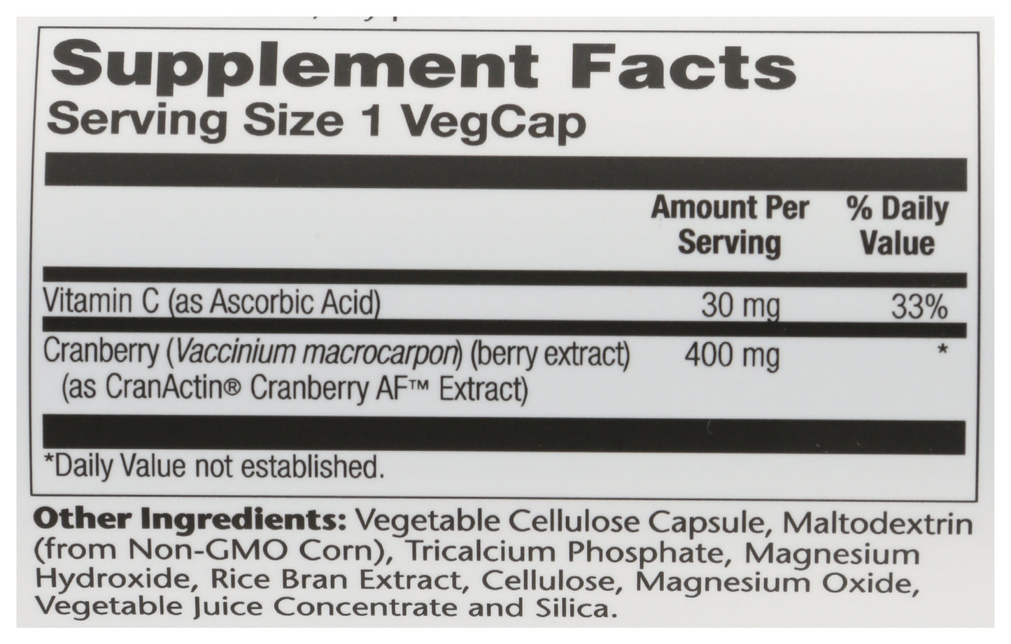 Solaray CranActin 400mg 120 VegCaps Back of Bottle