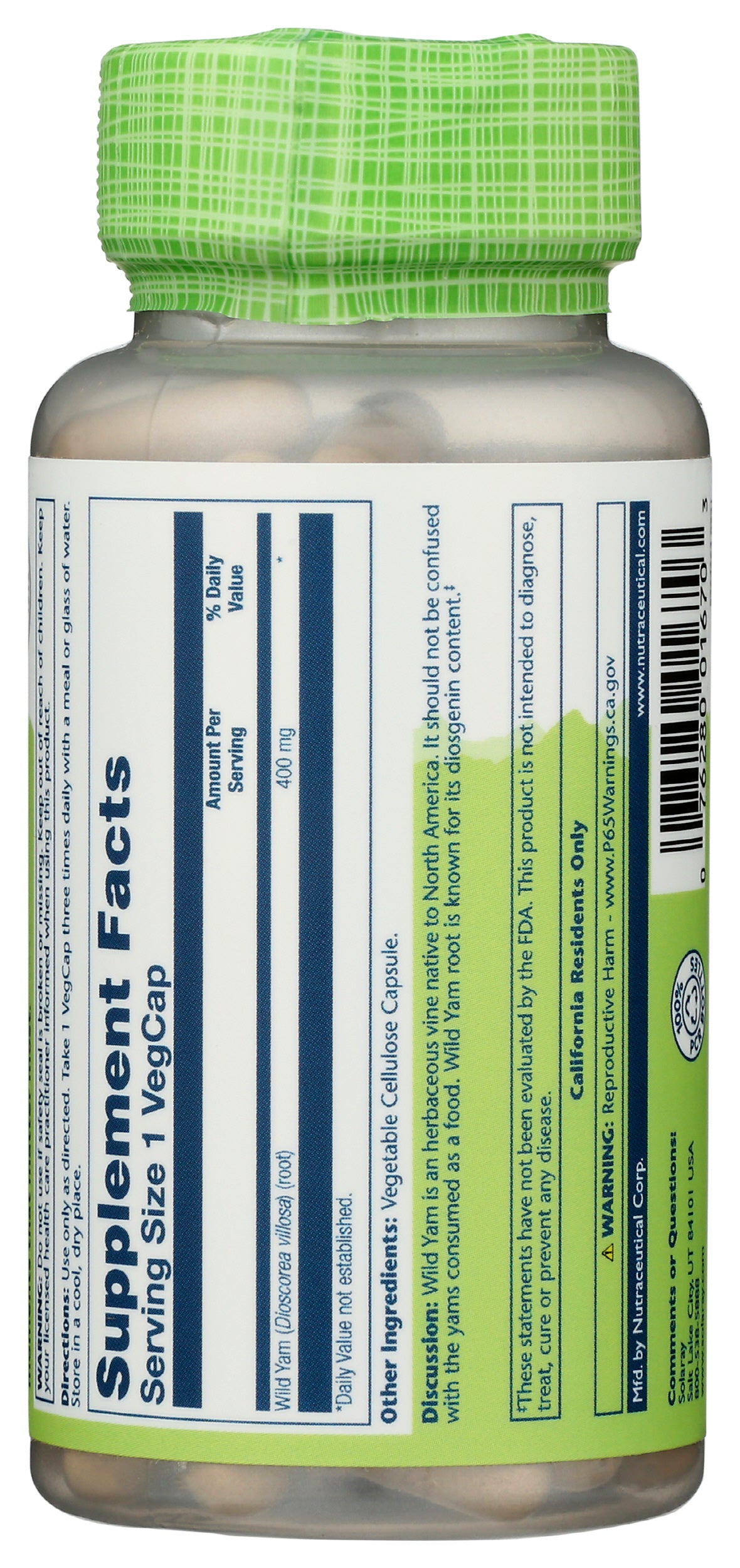 Solaray Wild Yam 400 mg 100 VegCaps Back of Bottle