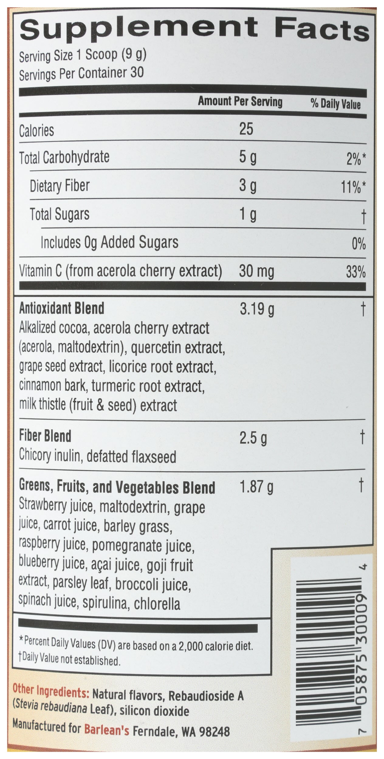 Barlean's Greens Chocolate Silk 270g Back of Bottle