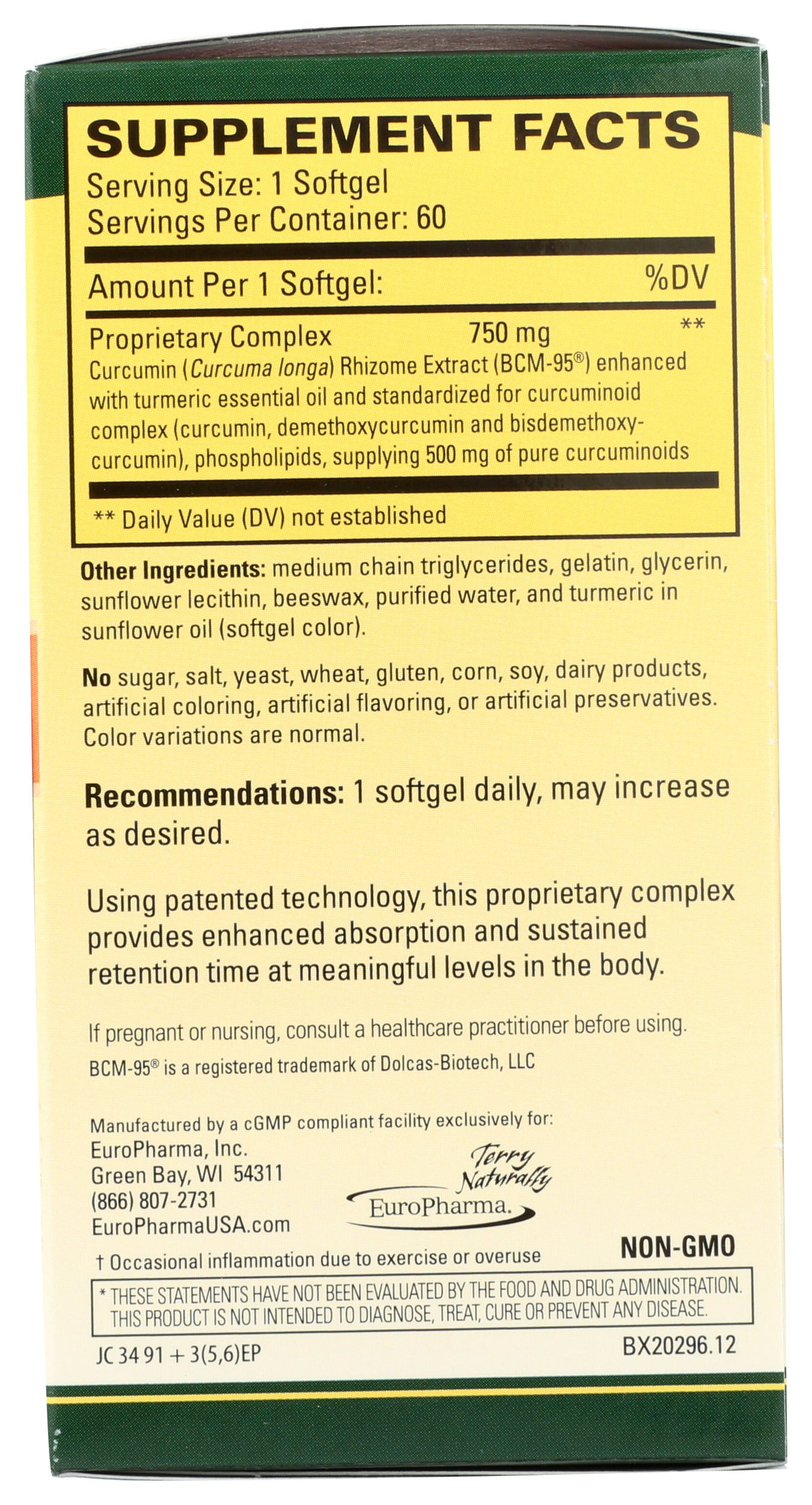 Terry Naturally CuraMed 750mg 60 Softgels Back of Box