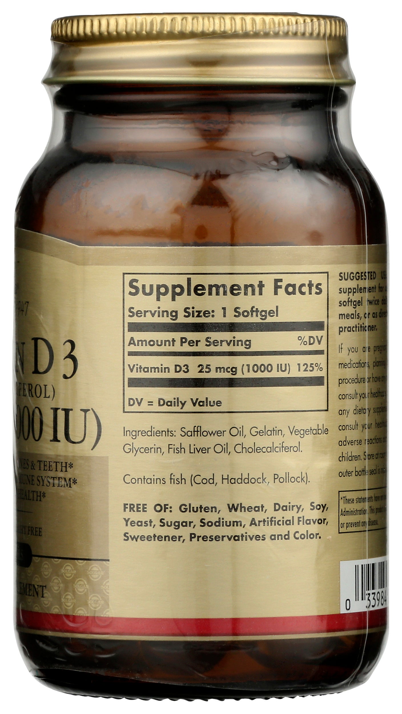 Solgar Vitamin D3 1,000 IU 100 Soft Gels Back of Bottle