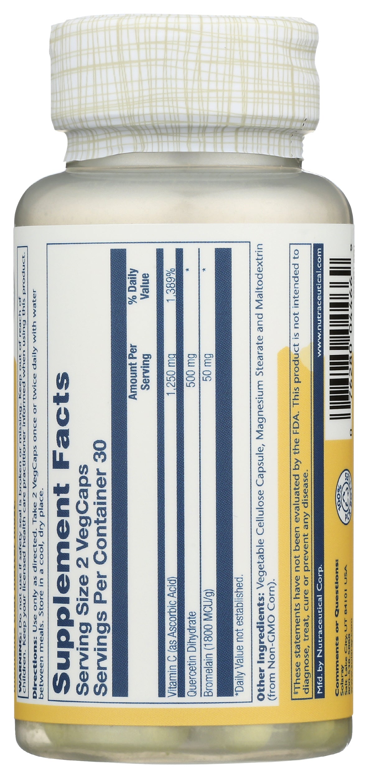 Solaray Quercetin Bromelain & Vitamin C 60 Vegcaps Back of Bottle
