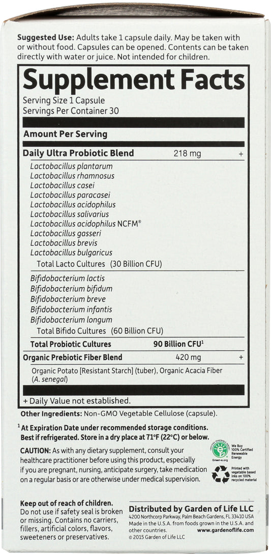 Garden of Life Once Daily Ultra Probiotics Back of Box