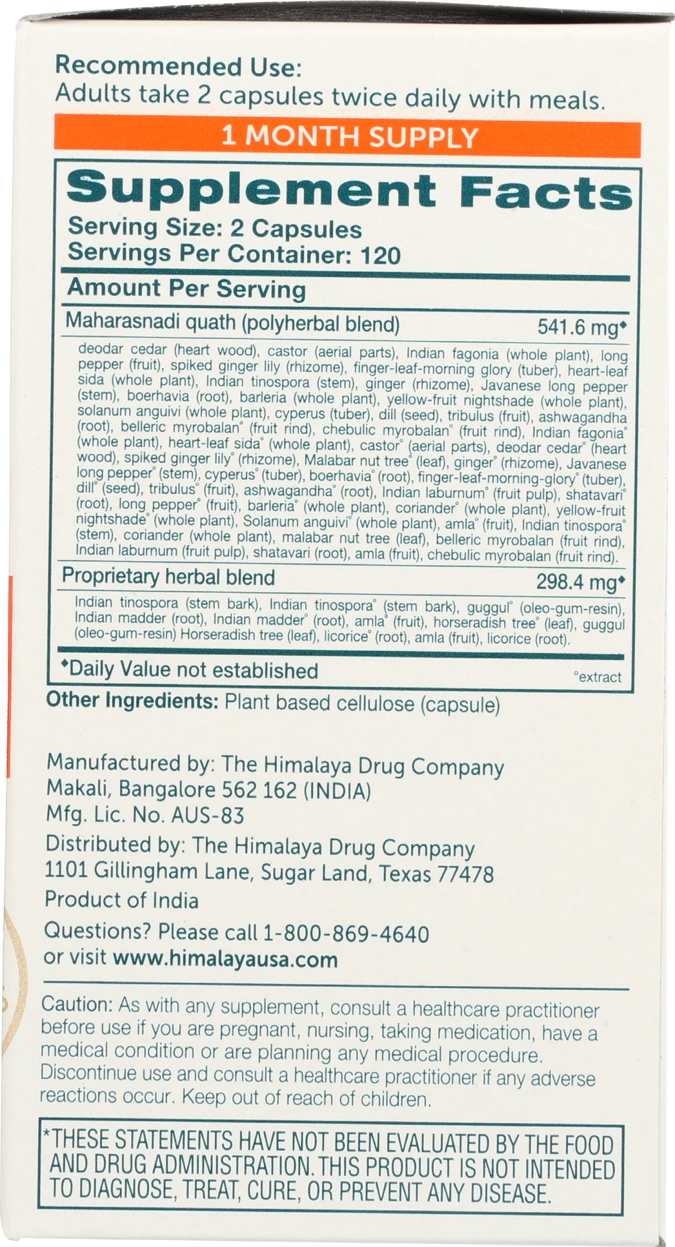 Himalaya ImmunoCare 120 Vegetarian Capsules Back of Box