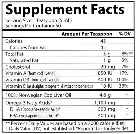 Carlson Cod Liver Oil 1100 mg + Vitamin A + Vitamin D3 8.4 fl oz Back of Bottle