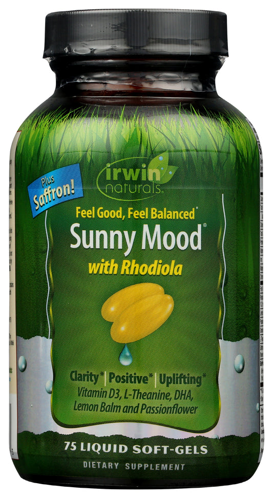 Irwin Naturals Sunny Mood with Rhodiola 75 Soft Gels Front of Bottle