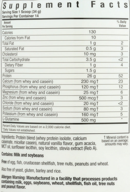Bluebonnet Whey & Casein French Vanilla Protein Powder 1.05 lb Back of Bottle
