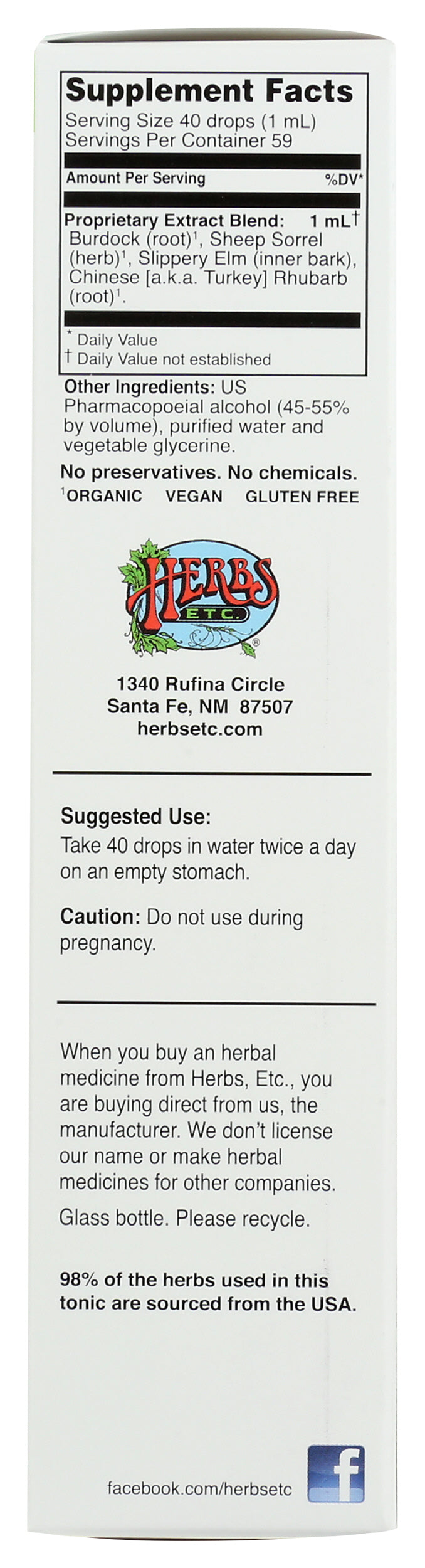 Herbs Etc. Essiac Tonic 2 Fl. Oz. Side of Box