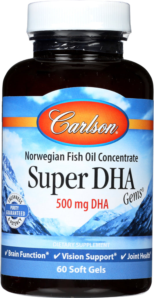 Carlson Super DHA 500 mg 60 Soft Gels Front of Bottle