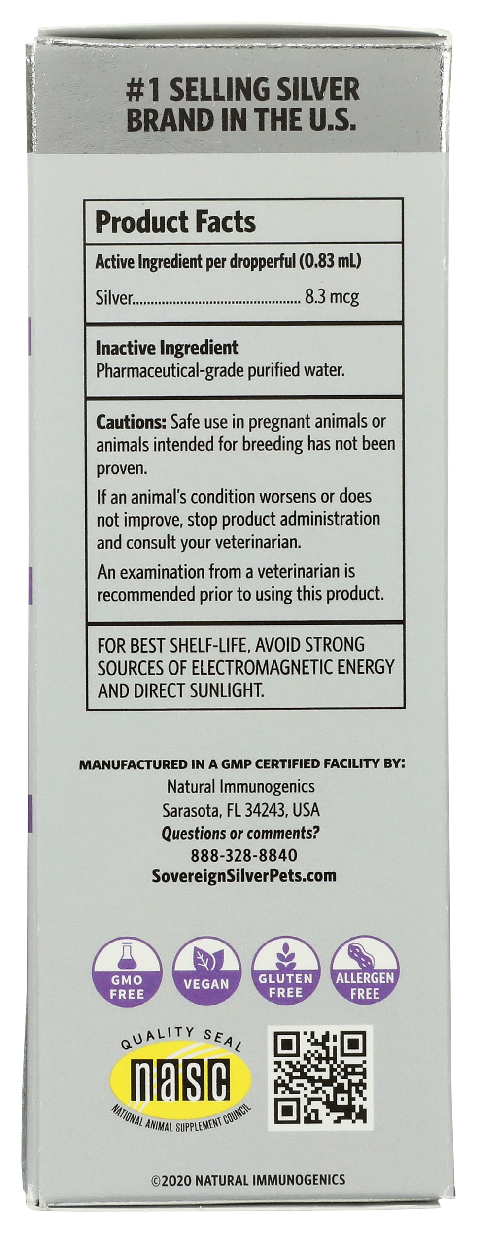 Sovereign Silver Pets Bio-Active Silver Hydrosol 4 Fl. Oz. Back of Box