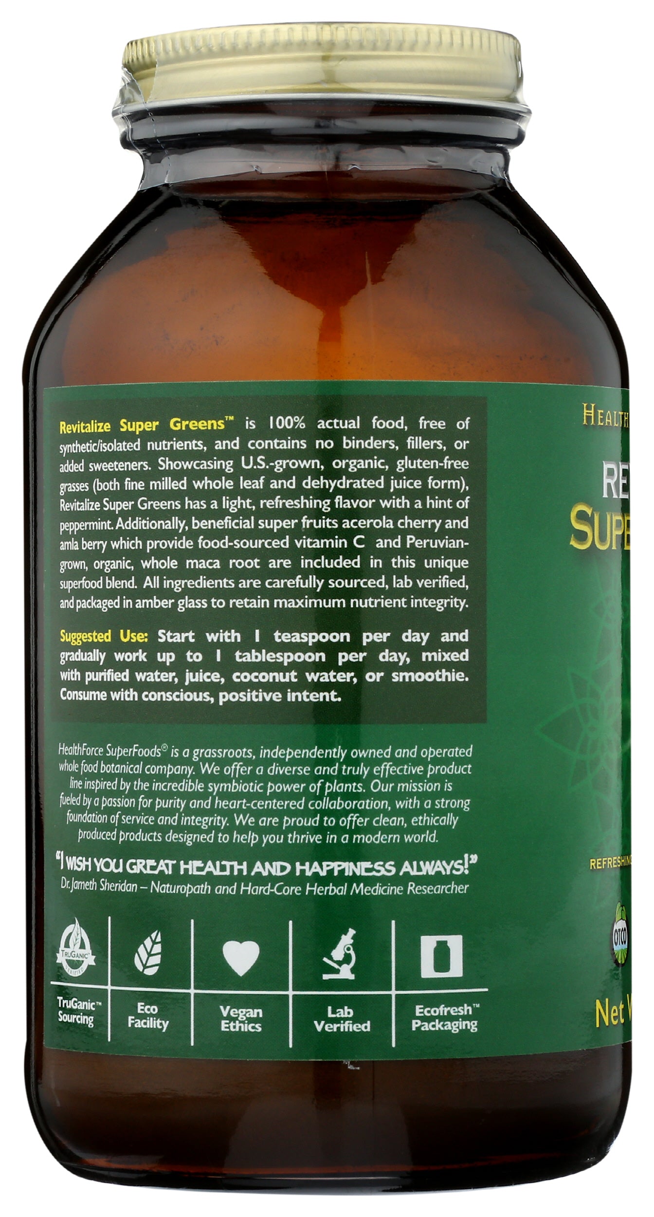 HealthForce SuperFoods Revitalize SuperGreens 8oz Back of Bottle