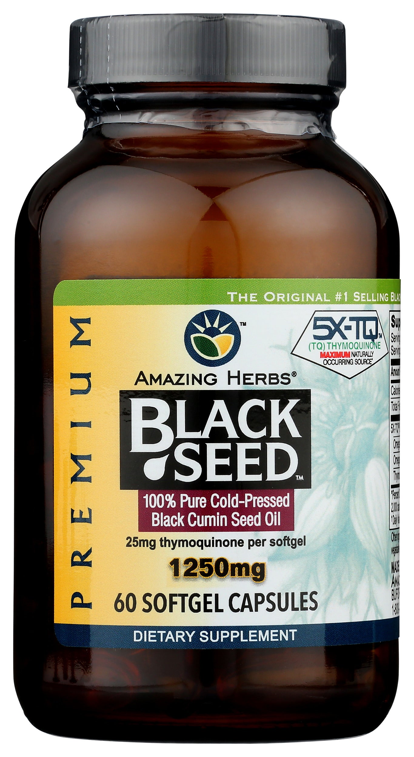 Amazing Herbs Black Seed Oil 1250mg 60 Softgel Capsules Front of Bottle