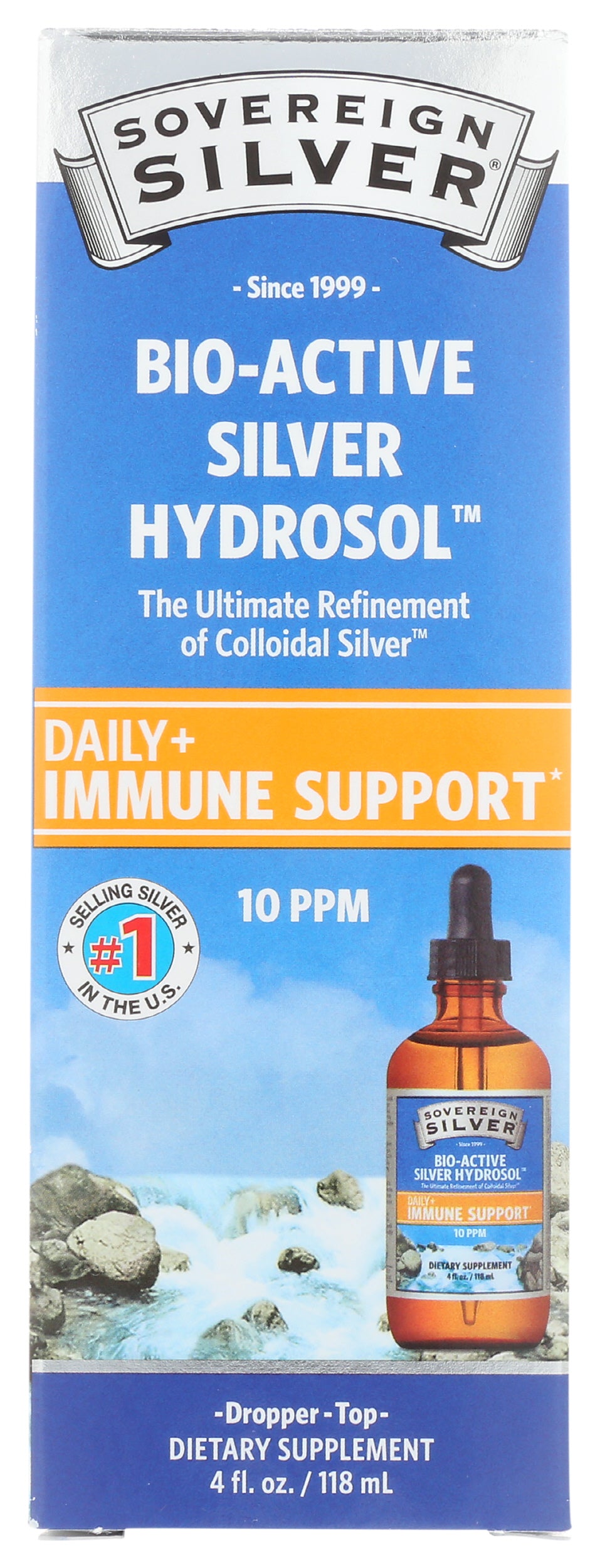 Sovereign Silver Bio-Active Silver Hydrosol Dropper-Top 4 Fl. Oz. Front of Box