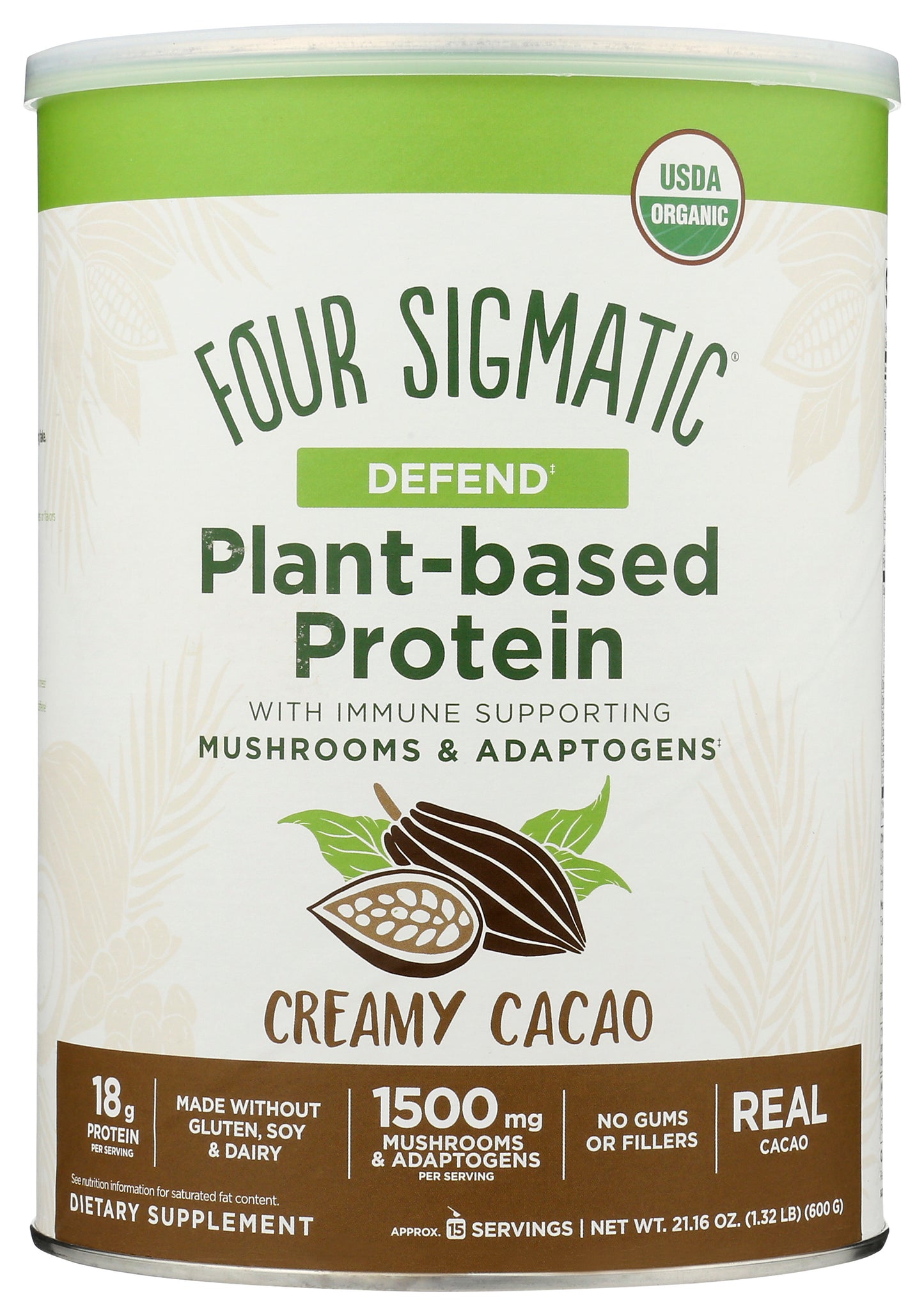 Four Sigmatic Plant-Based Protein Powder Creamy Cacao Flavor 600g Front of Can