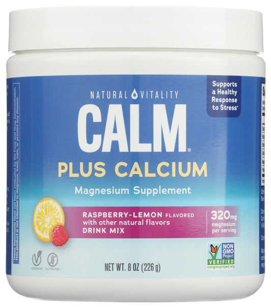 Natural Vitality Calm Magnesium Supplement Plus Calcium Raspberry-Lemon Flavor 8oz Front of Bottle