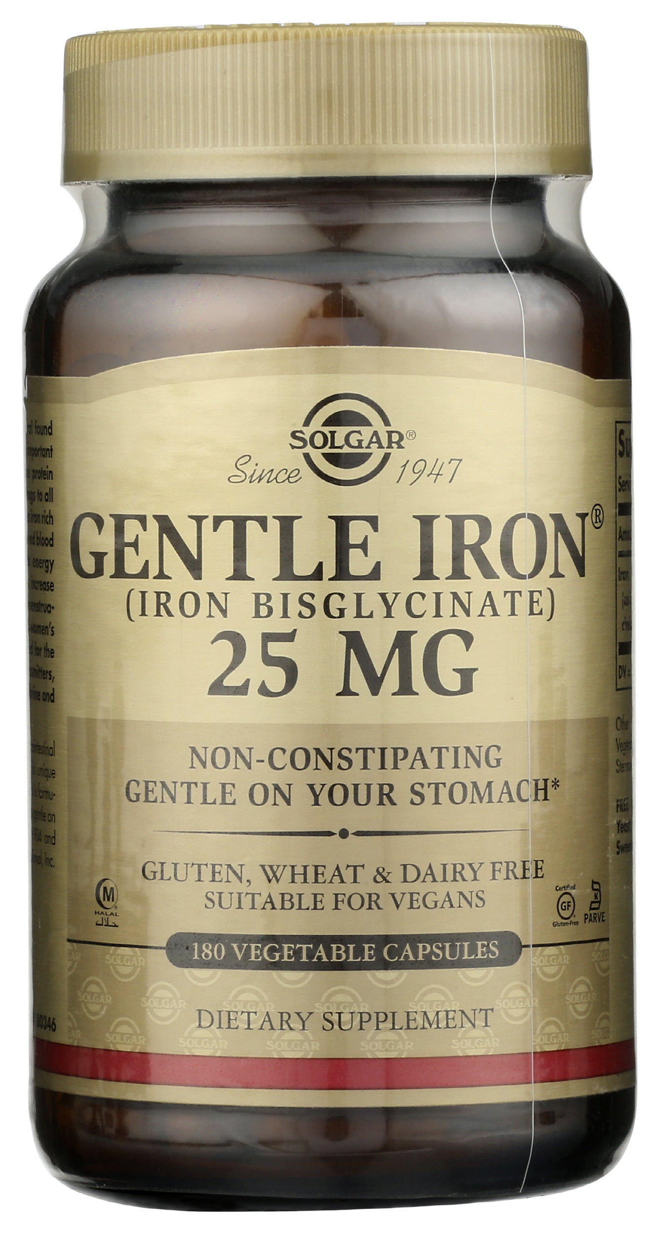 Solgar Gentle Iron 25mg 180 Vegetable Capsules Front of Bottle