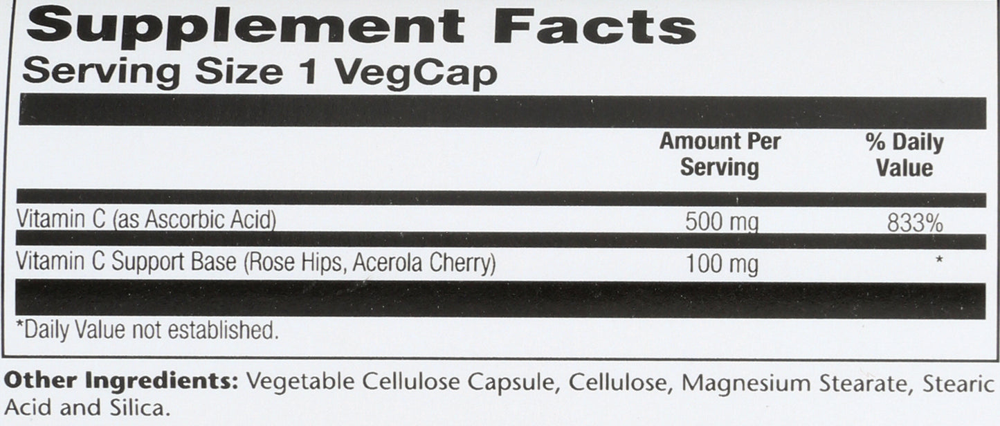 Solaray Timed Release Vitamin C 500mg 100 VegCaps Back of Bottle