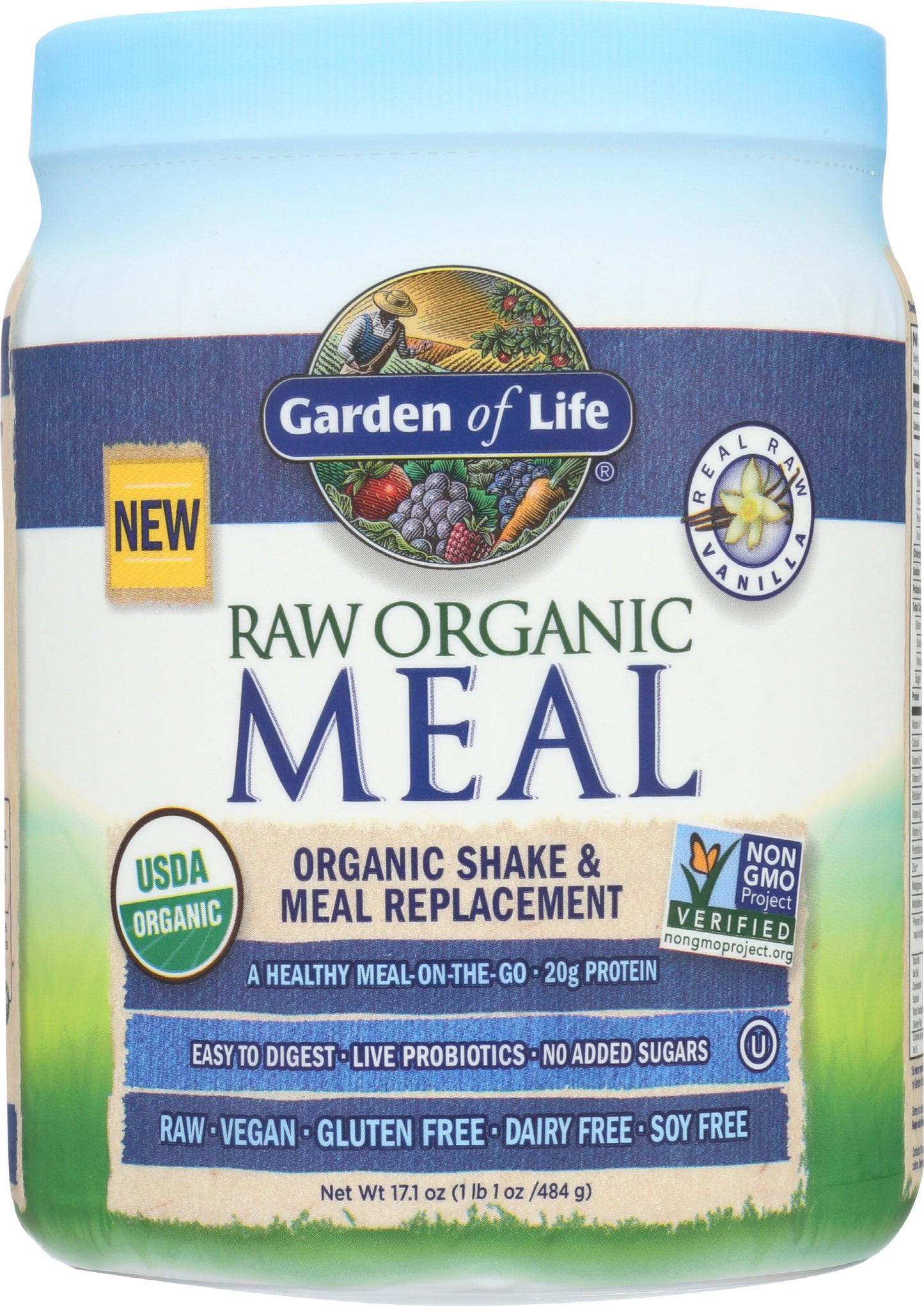 Garden of Life Raw Organic Meal Vanilla Flavor 484g Front of Tub