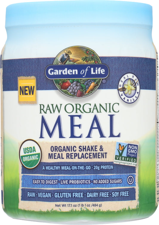 Garden of Life Raw Organic Meal Vanilla Flavor 484g Front of Tub