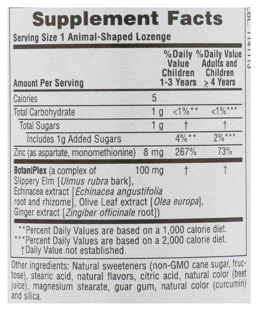 NaturesPlus Animal Parade Kid Zinc 90 Animal-Shaped Lozenges Back of Bottle