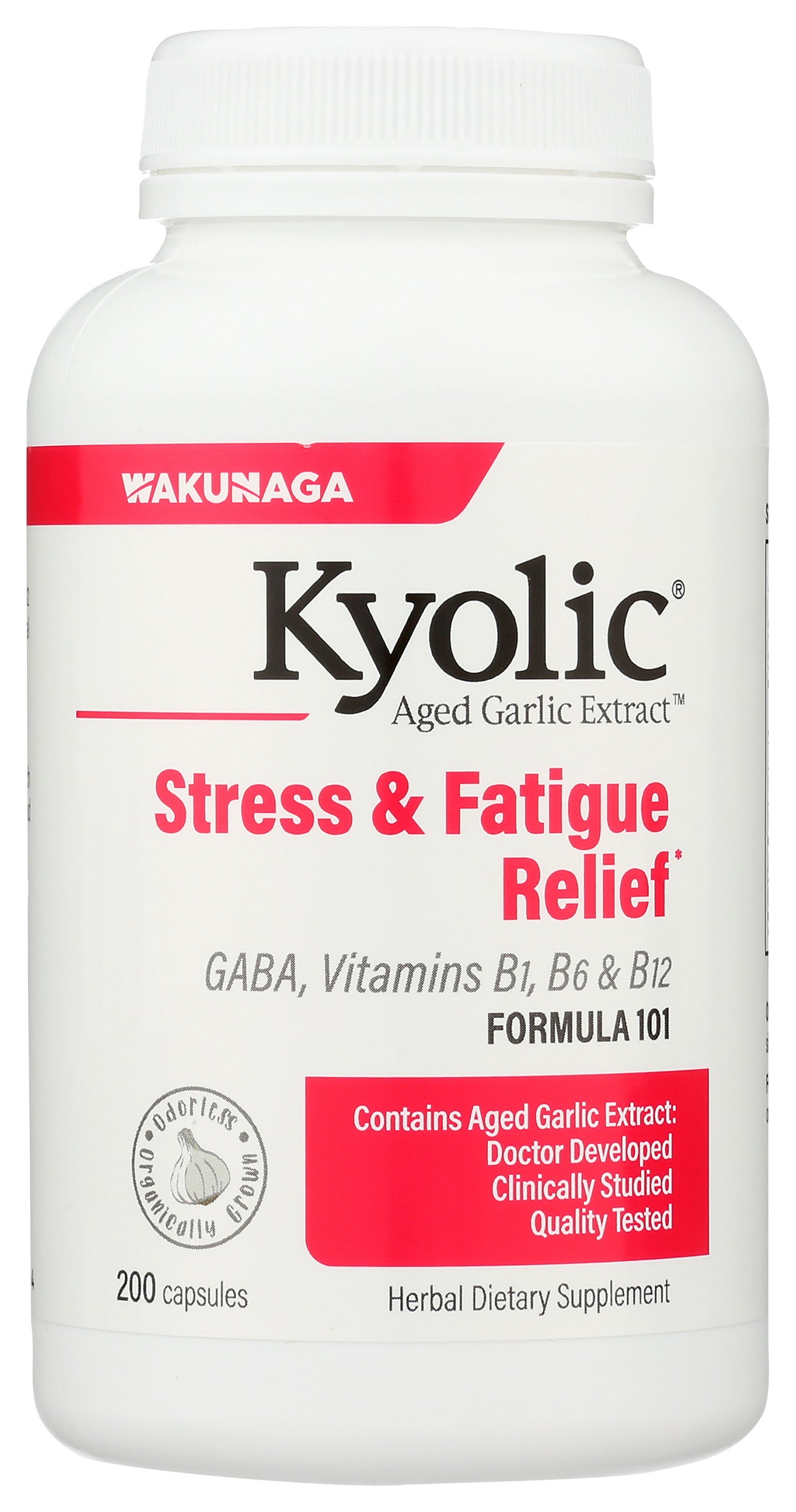 Wakunaga Kyolic Aged Garlic Extract Stress & Fatigue Relief Formula 101 200 Capsules Front