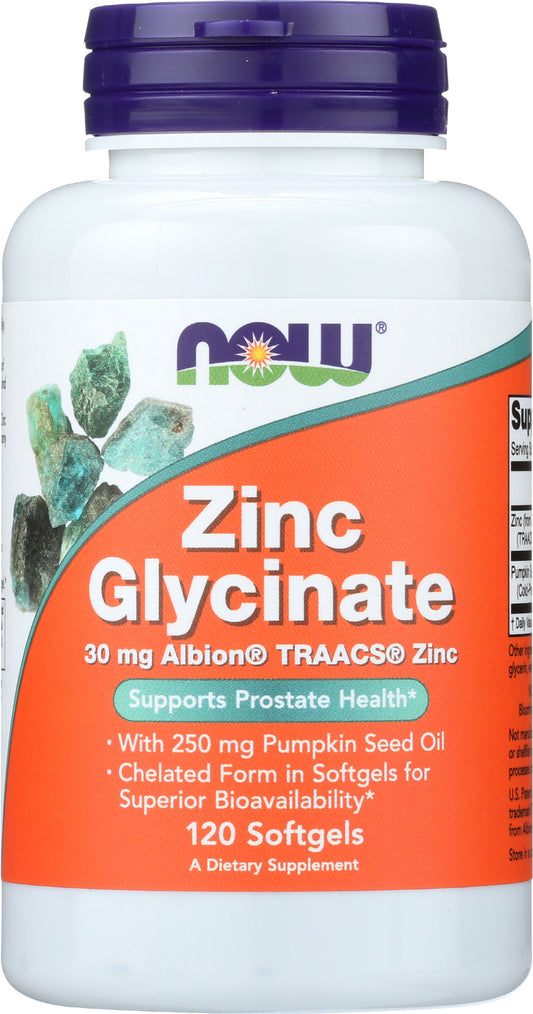 NOW Zinc Glycinate 120 Soft Gels Front of Bottle