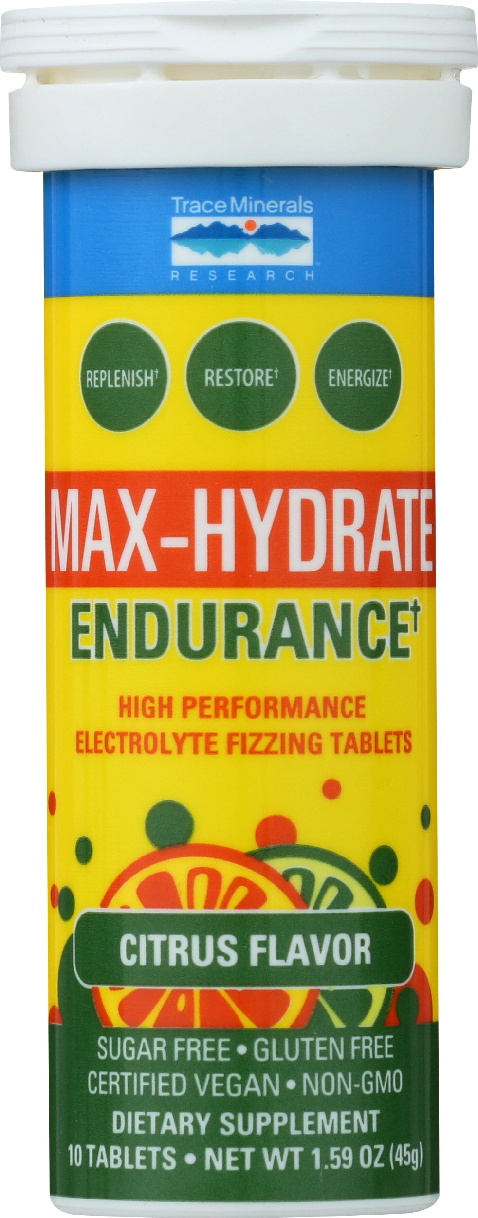 Trace Minerals Max Hydrate Endurance Citrus Flavor 10 Effervescent Tablets Front of Tube