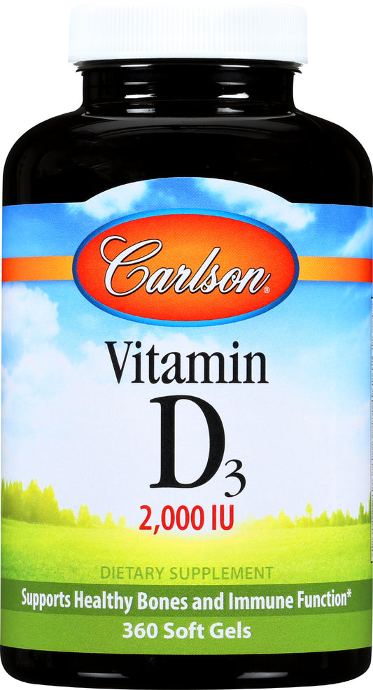 Carlson Vitamin D3 2,000 IU 360 Soft Gels Front of Bottle