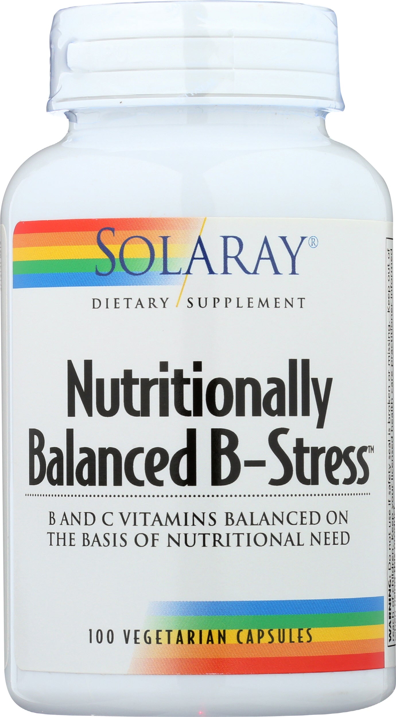 Solaray Balanced B-Stress with Vitamin C 100 VegCaps Front of Bottle