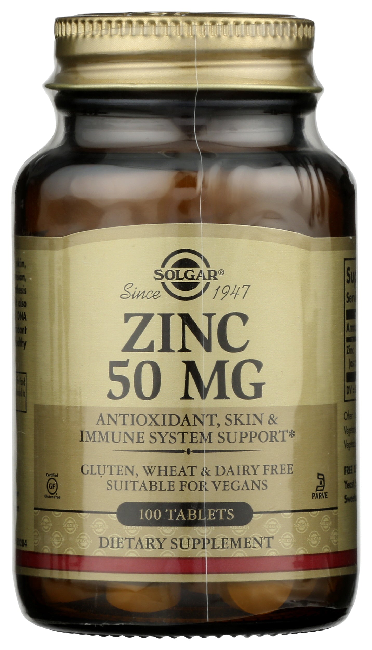 Solgar Zinc 50mg 100 Tablets Front of Bottle