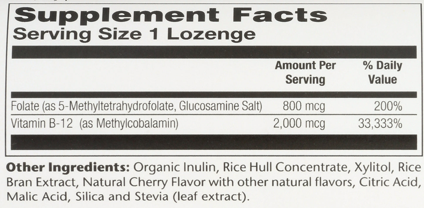 Solaray Methyl B-12 Folate 60 Lozenges Back of Bottle
