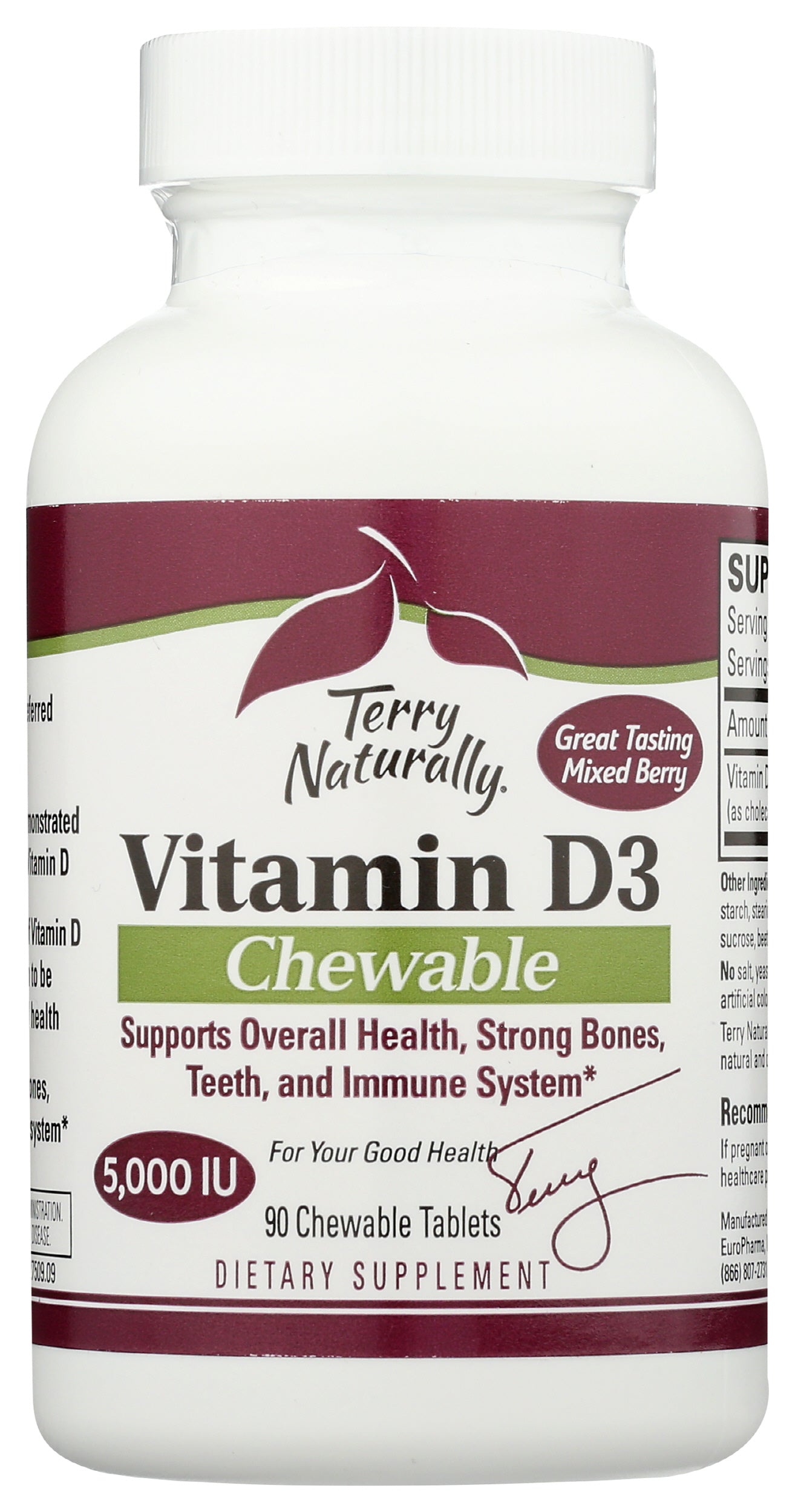 Terry Naturally Vitamin D3 5,000 IU 90 Chewable Tablets Front of Bottle
