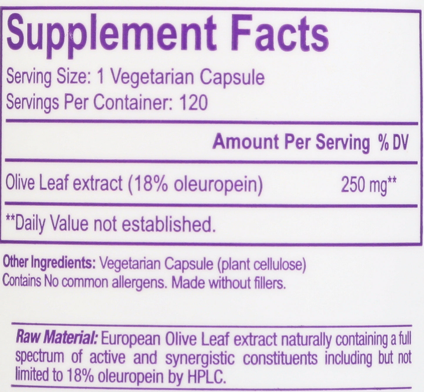 Paradise Olive Leaf 120 Vegetarian Capsules Back of Bottle
