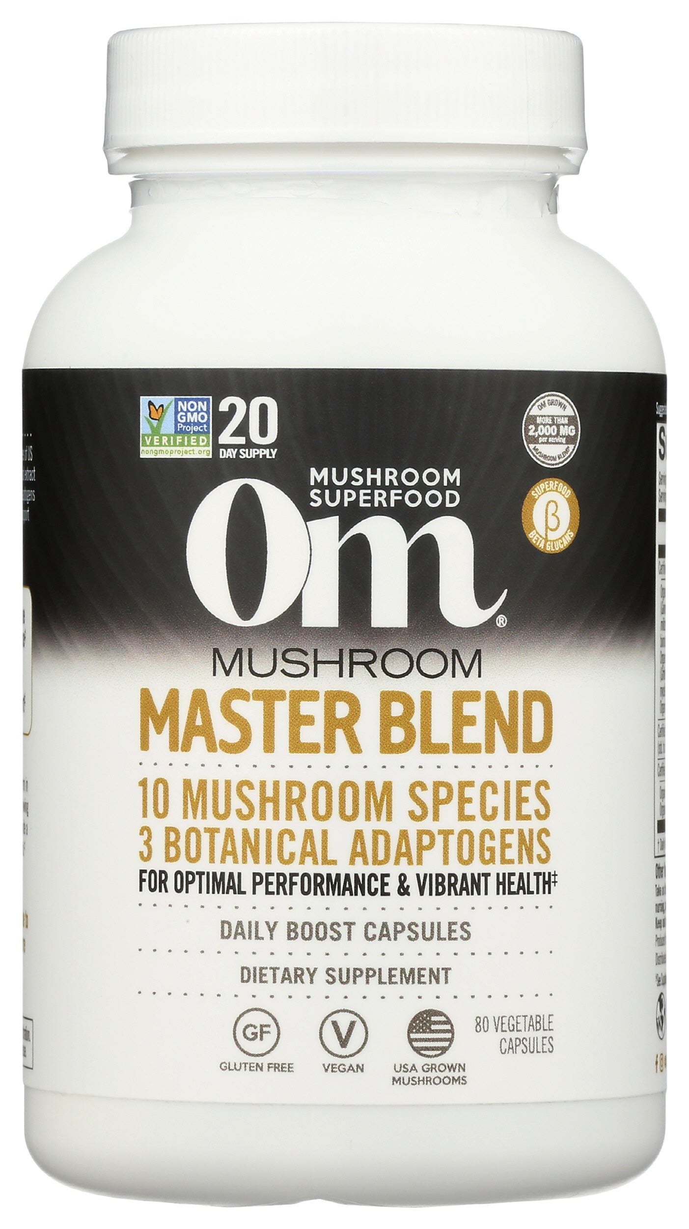 Om Master Blend 80 Vegetable Capsules Front of Bottle