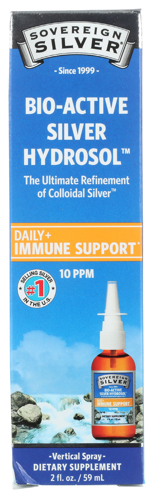 Sovereign Silver Bio-Active Silver Hydrosol Vertical Spray 2 Fl. Oz. Front of Box