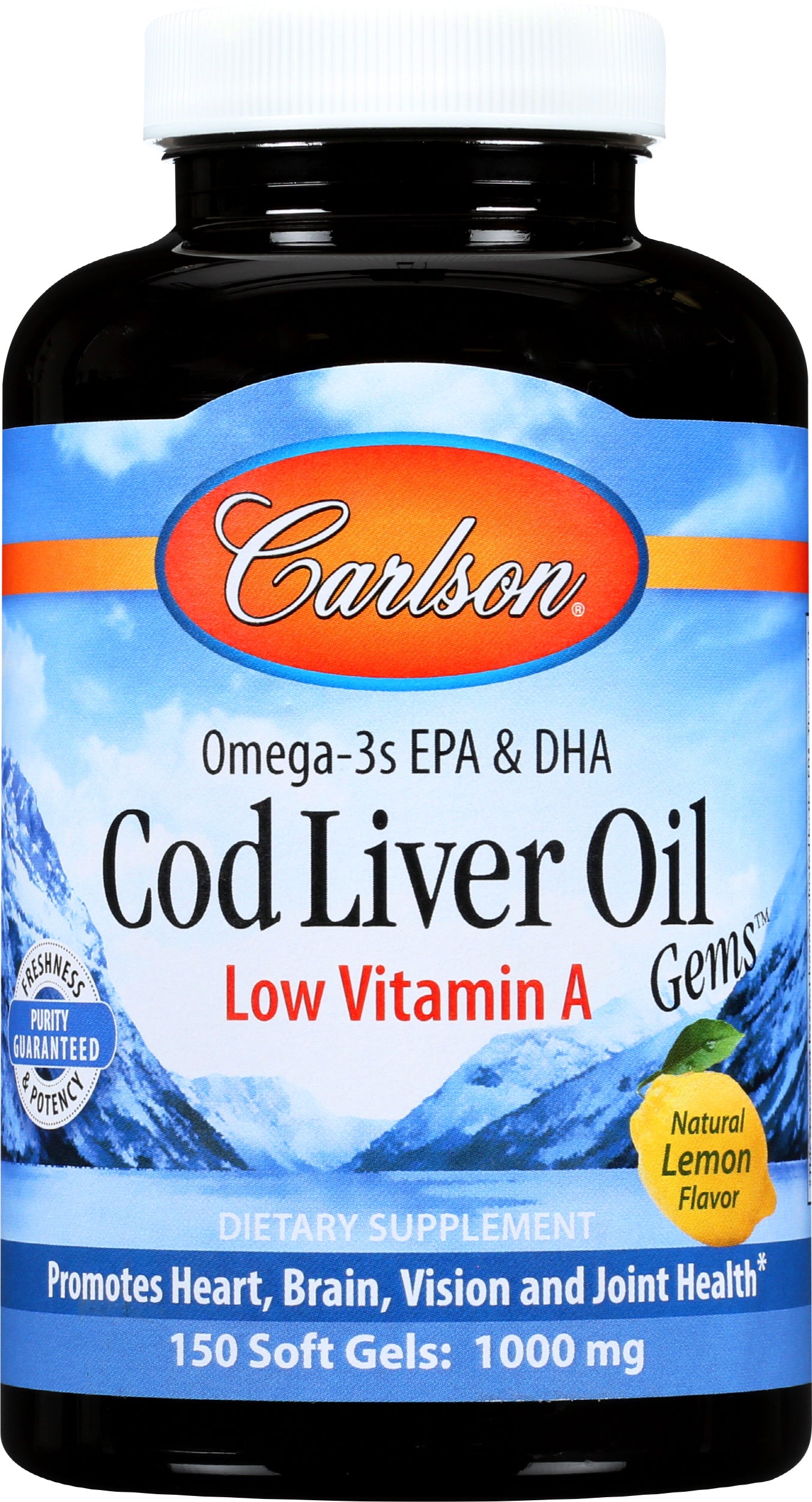 Carlson Cod Liver Oil 230 mg 150 Soft Gels Front of Bottle