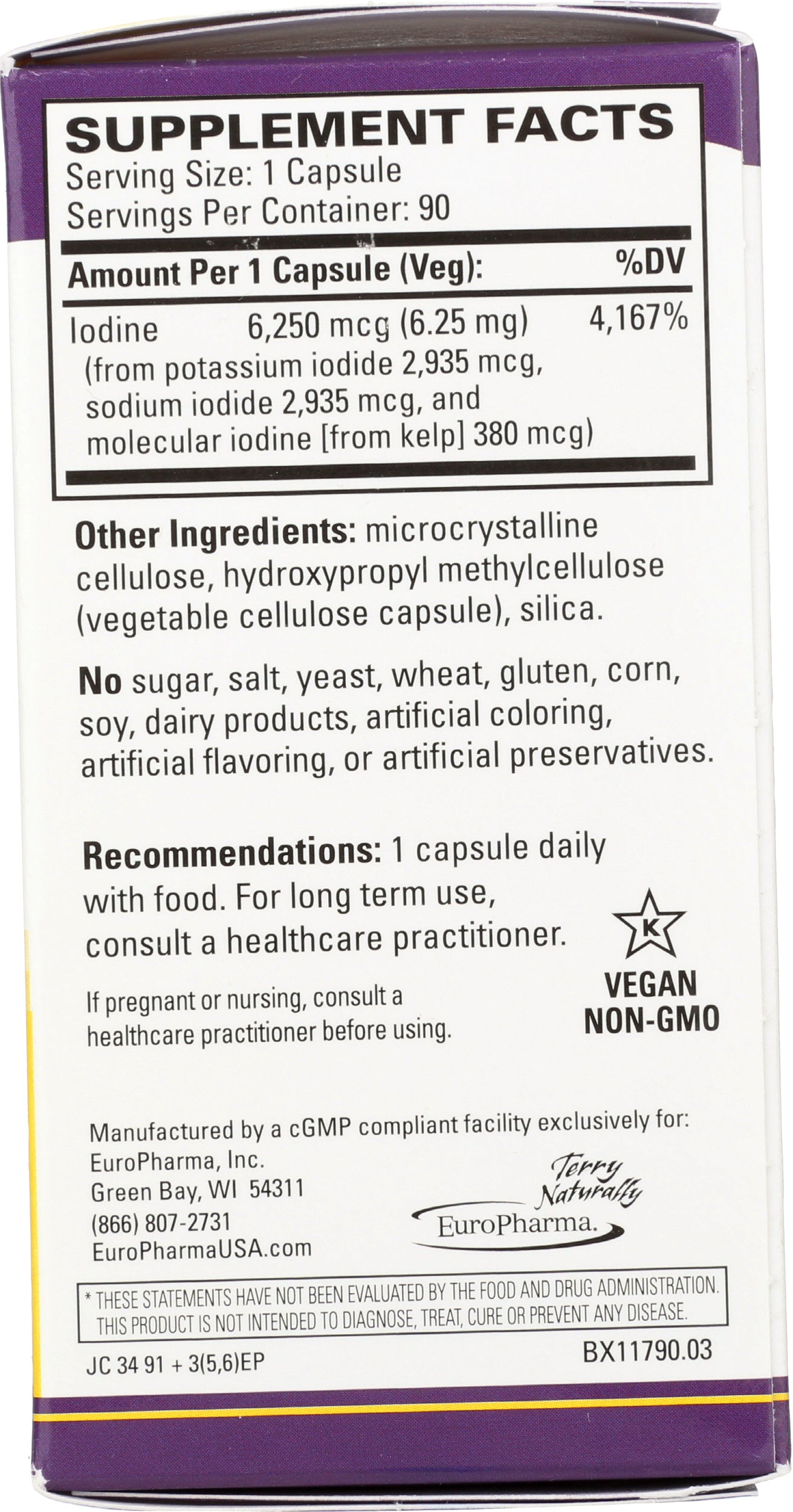 Terry Naturally Tri-Iodine 6.25mg 90 Capsules Back of Box